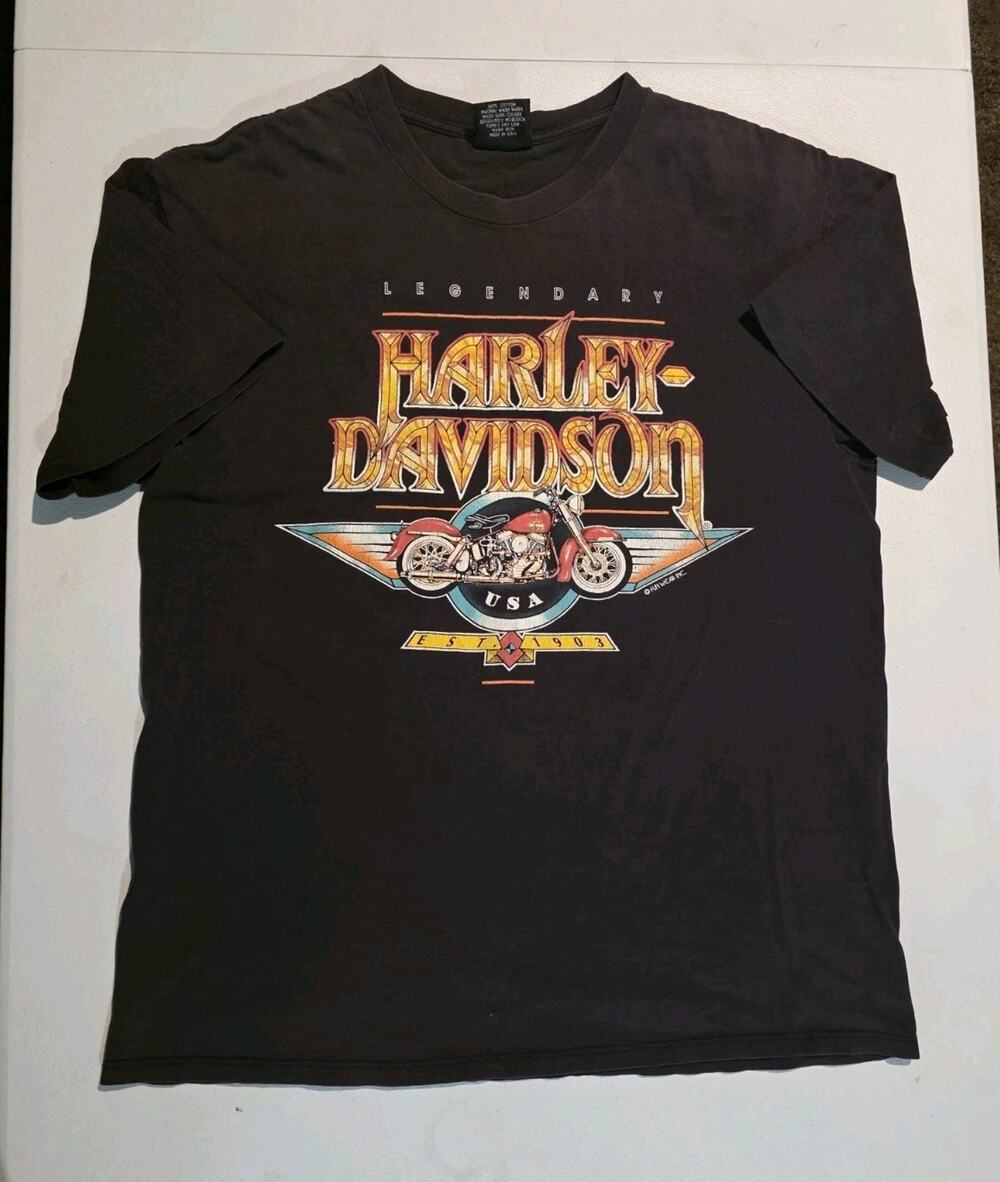 VTG Harley Davidson T Shirt Mens L Single Stitch USA Motorcycle 90s Black